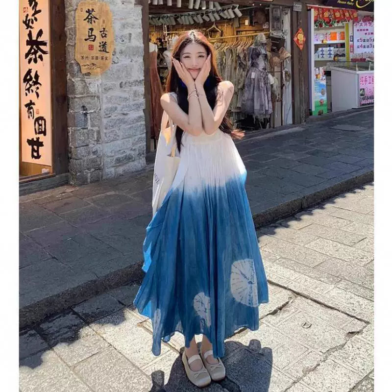 Váy Dài Hai Dây In Tie-Dye Phong Cách Biển